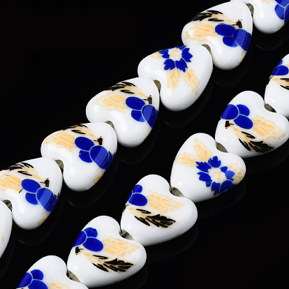 Brins de perles en céramique de porcelaine faites à la main, fleur imprimée, cœur
