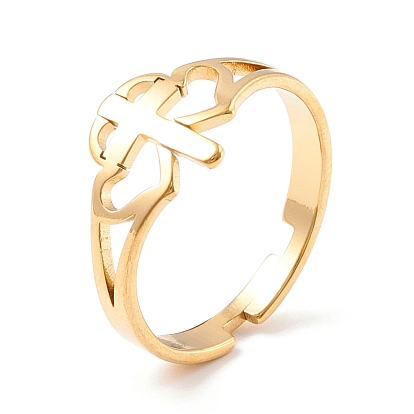 Двойное сердце с крестом 304 регулируемое кольцо из нержавеющей стали для женщин