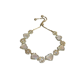 Clear Cubic Zirconia Heart and Sun Link Slider Bracelet, Brass Jewelry for Women