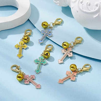 Décorations de pendentifs en émail en alliage de croix, avec fermoirs mousquetons en alliage et breloque cloche en laiton