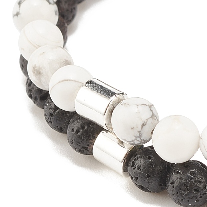2Pcs Natural Lava Rock & Howlite Round Beaded Stretch Bracelets Set with Synthetic Hematite Column, Gemstone Jewelry for Women