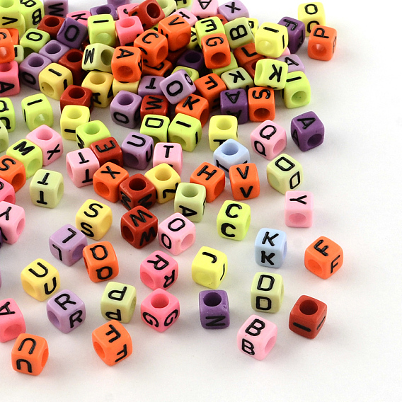 Letter Style Opaque Acrylic Beads, Horizontal Hole, Cube, 6x6x6mm, Hole: 3.5mm, about 2700pcs/500g