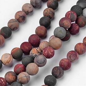 Natural Polychrome Jasper/Picasso Stone/Picasso Jasper Beads Strands, Frosted, Round