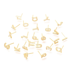 Brass Micro Pave Clear Cubic Zirconia Stud Earrings, Greek Alphabet, Real 18k Gold Plated