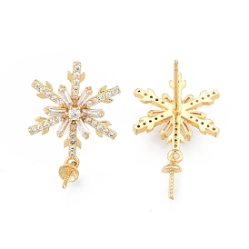 Brass Pave Clear Cubic Zirconia Stud Earring Findings, for Half Drilled Beads, Snowflake, Cadmium Free & Nickel Free & Lead Free