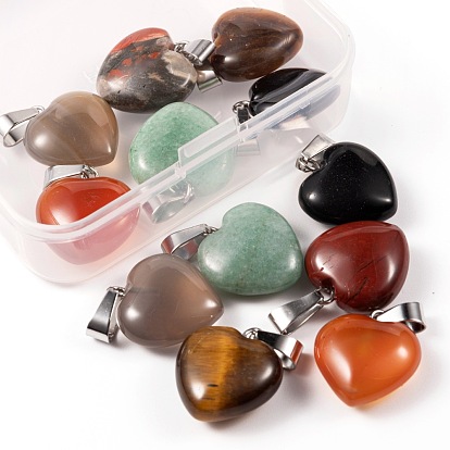 12 pcs 6 pendentifs de pierres précieuses naturelles de style, avec les accessoires en laiton de tonalité de platine, cœur