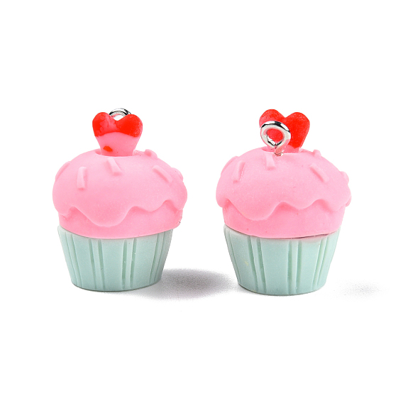 Pendentifs en résine opaque, nourriture imitation, avec boucles en fer plaqué platine, breloque cupcake avec coeur