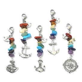 Anchor & Helm Tibetan Style Alloy Pendant Decorations, with Chakra Gemstone Chips and Lobster Claw Clasps Charm