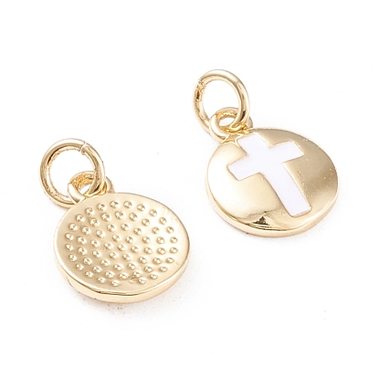 Brass Enamel Charms, with Jump Rings, Long-Lasting Plated, Flat Round with Cross