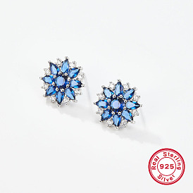 Flower Rhodium Plated Platinum 925 Sterling Silver Stud Earrings, with Cubic Zirconia