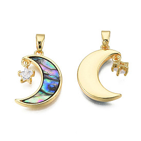 Brass Clear Cubic Zirconia Pendants, with Synthetic Abalone Shell/Paua Shells, Moon with Star Charms, Real 18K Gold Plated, Nickel Free