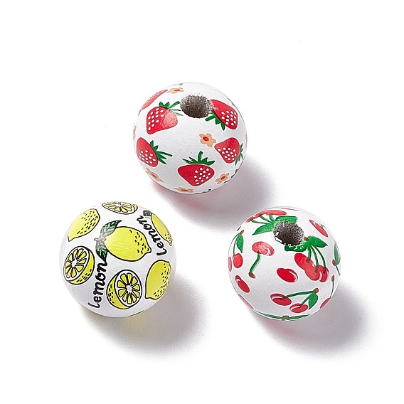 Perles européennes en bois imprimé de fruits, perle avec trou grande, rond avec motif citron/fraise/cerise