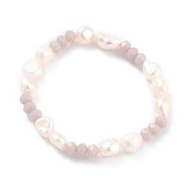 Natural Baroque Pearl Stretch Bracelets, with Faceted Rondelle Glass Beads and Burlap Bags