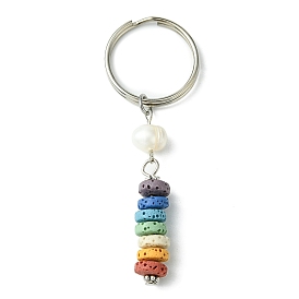 Natural Lava Rock & Natural Cultured Freshwater Pearl Pendant Keychain, with Iron Split Key Rings