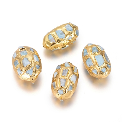 Perles de larimar naturelles, bord en laiton doré, ovale