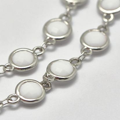 Faceted K9 Glass Handmade Beaded Chains, Soldered, with Brass Findings, Cadmium Free & Lead Free, Flat Round, White