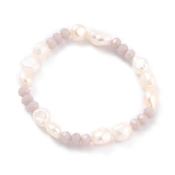 Bracelets extensibles en perles baroques naturelles, avec des perles de verre rondelles à facettes et des sacs de jute