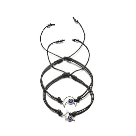 2Pcs 2 Style Evil Eye Resin Link Bracelets Set, Moon & Star Brass Adjustable Bracelets with Wax Cords