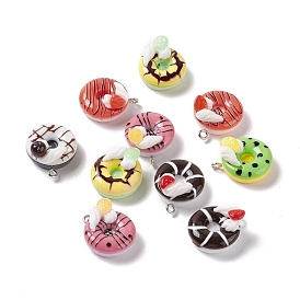 Opaque Imitation Food Resin Pendants, with Platinum Tone Iron Loops, Donut Charms