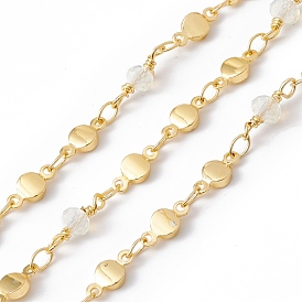 Handmade Eco-friendly Brass Flat Round Link Chain, with Glass Beaded, Real 18K Gold Plated, Lead Free & Cadmium Free, Soldered, with Spool