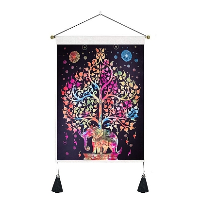 Tapiz colgante de pared de poliéster de elefante colorido, patrón vertical del árbol de la vida tela decorativa, para la decoración casera, Rectángulo