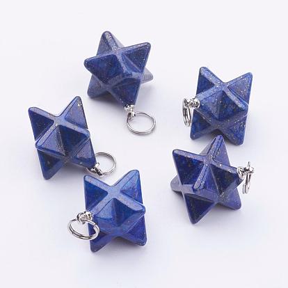 Natural Gemstone Pendants, with 201 Stainless Steel Split Rings, Stainless Steel Color, Merkaba Star