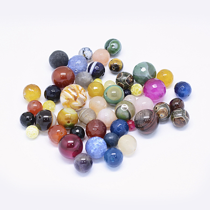 Perles de pierre mixtes naturelles et synthétiques, à facettes / sans facettes, ronde