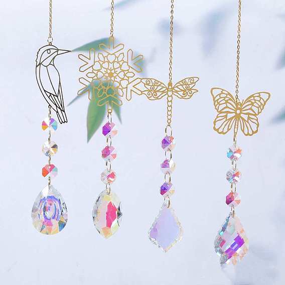 Decoraciones colgantes de cristal, atrapasoles, con fornituras de latón y cuentas de vidrio octogonales, para decoraciones del hogar, mariposa/pájaro/copo de nieve