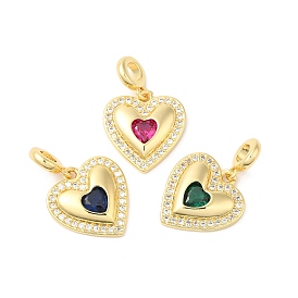 Heart Brass Micro Pave Cubic Zirconia European Dangle Charms, Real 16K Gold Plated, Large Hole Charms