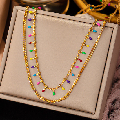 Collar de doble capa con dijes ovalados de esmalte colorido, 304 joyería de cadenas de eslabones de acero inoxidable para mujeres