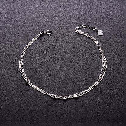 SHEGRACE 925 Sterling Silver Layered Anklets, Small Beads, Platinum, 210mm