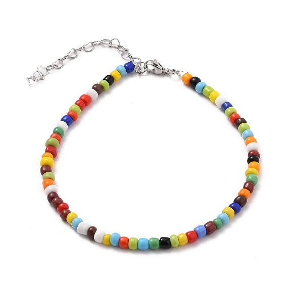 Bracelets de cheville en perles de rocaille en verre opaque, avec 304 chaînes à maillons cœur en acier inoxydable et fermoirs à pince de homard, colorées