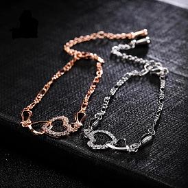 Brass Cubic Zirconia Link Chain Bracelets, with Lobster Claw Clasps, Heart to Heart, Clear