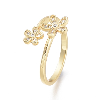 Brass Micro Pave Clear Cubic Zirconia Cuff Rings, Open Rings, Flower
