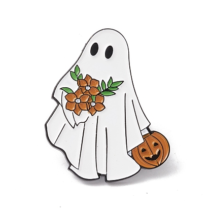 Fantôme avec broche en émail de fleur, insigne en alliage d'halloween pour vêtements de sac à dos, électrophorèse noir