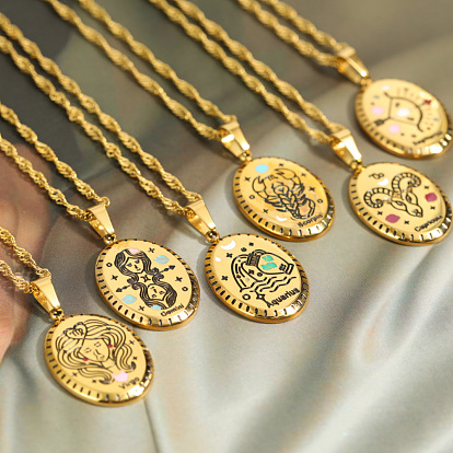 Collier pendentif ovale avec constellation en émail, or 201 bijoux en acier inoxydable pour femmes