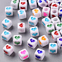 White Opaque Acrylic Beads, Cube with Heart