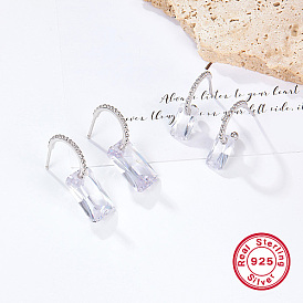 Rhodium Plated 925 Sterling Silver Half Hoop Earrings, Cubic Zirconia Rectangle Dangle Stud Earrings, with 925 Stamp