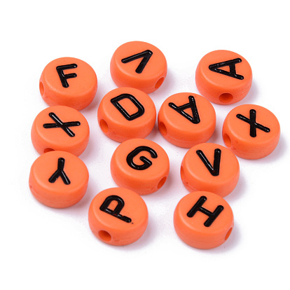 Opaque Acrylic Beads, Horizontal Hole, Flat Round with Black Random Letters