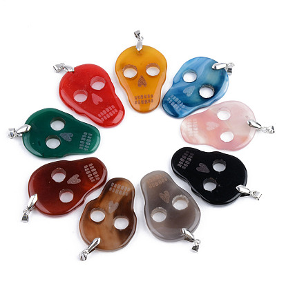 Halloween Themed Natural Agate Big Pendants, with Platinum Plated Brass Pinch Bail, Dyed, Skull