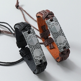 Alloy Skull Link Bracelet, Imitation Leather Adjustable Bracelet with Jute Cords