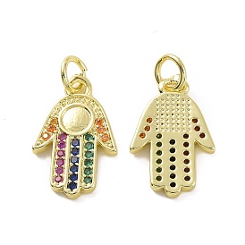 Brass Micro Pave Colorful Cubic Zirconia Pendant Cabochon Settings, with Jump Ring, Hamsa Hand/Hand of Fatima/Hand of Miriam