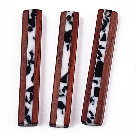 Opaque Resin & Wood Pendants, Two-Tone, Rectangle Charm, Black