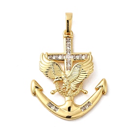 Rack Plating Brass Micro Pave Cubic Zirconia Pendants, Cadmium Free & Lead Free, Long-Lasting Plated, Anchor with Eagle
