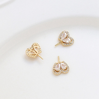 Brass Pave Clear Glass Heart Pins, for Baroque Pearl Making