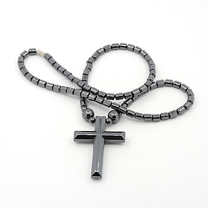 Mens Saint Cross Magnetic Synthetic Hematite Pendant Necklaces, with Brass Magnetic Clasps, 18.1 inch 