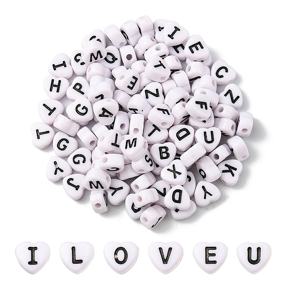 Perles en émail acrylique opaque, trou horizontal, coeur avec des lettres noires mélangées