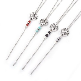 Natural Mixed Gemstone Pendant Necklaces, with Stainless Steel Findings, Cable Chains and Iron Eye Pin, Flat Round with Tree of Life