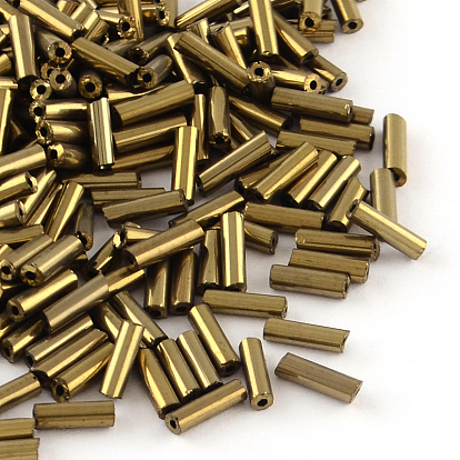 Plated Glass Bugle Beads, Metallic Colours,6x2mm, Hole: 1mm, about 450g/bag, about 10000pcs/bag