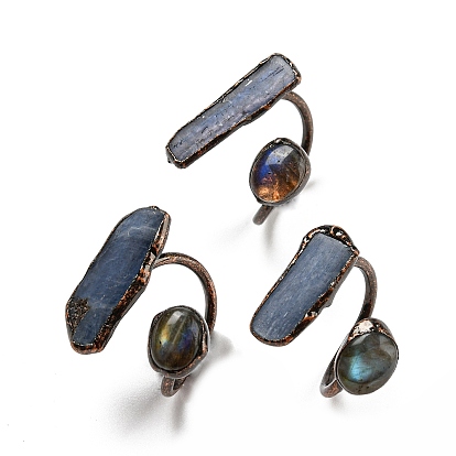 Natural Kyanite/Cyanite/Disthene Oval & Labradorite Nugget Open Cuff Rings, Red Copper Tin Finger Ring, Cadmium Free & Lead Free